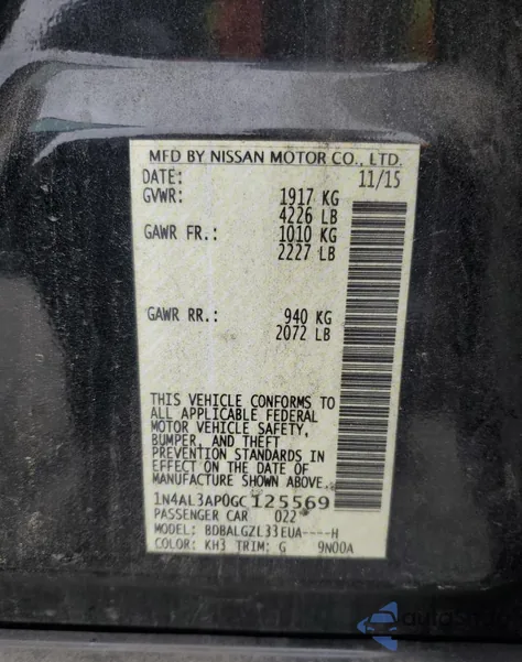 2016 Nissan Altima 2.5 from USA, damaged, VIN 1N4AL3AP0GC125569